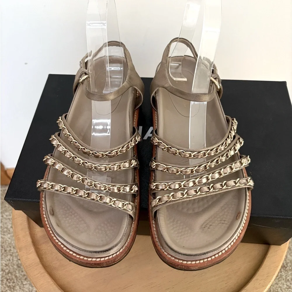 Chanel Satin Chain Strap CC Logo Sandals - Picture 2 of 9